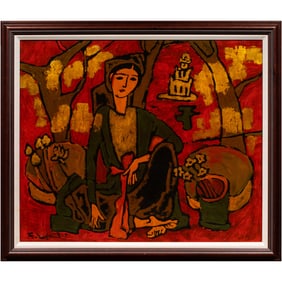 A mixed media on panel of a seated female figure signed F. Lick Rut (?)