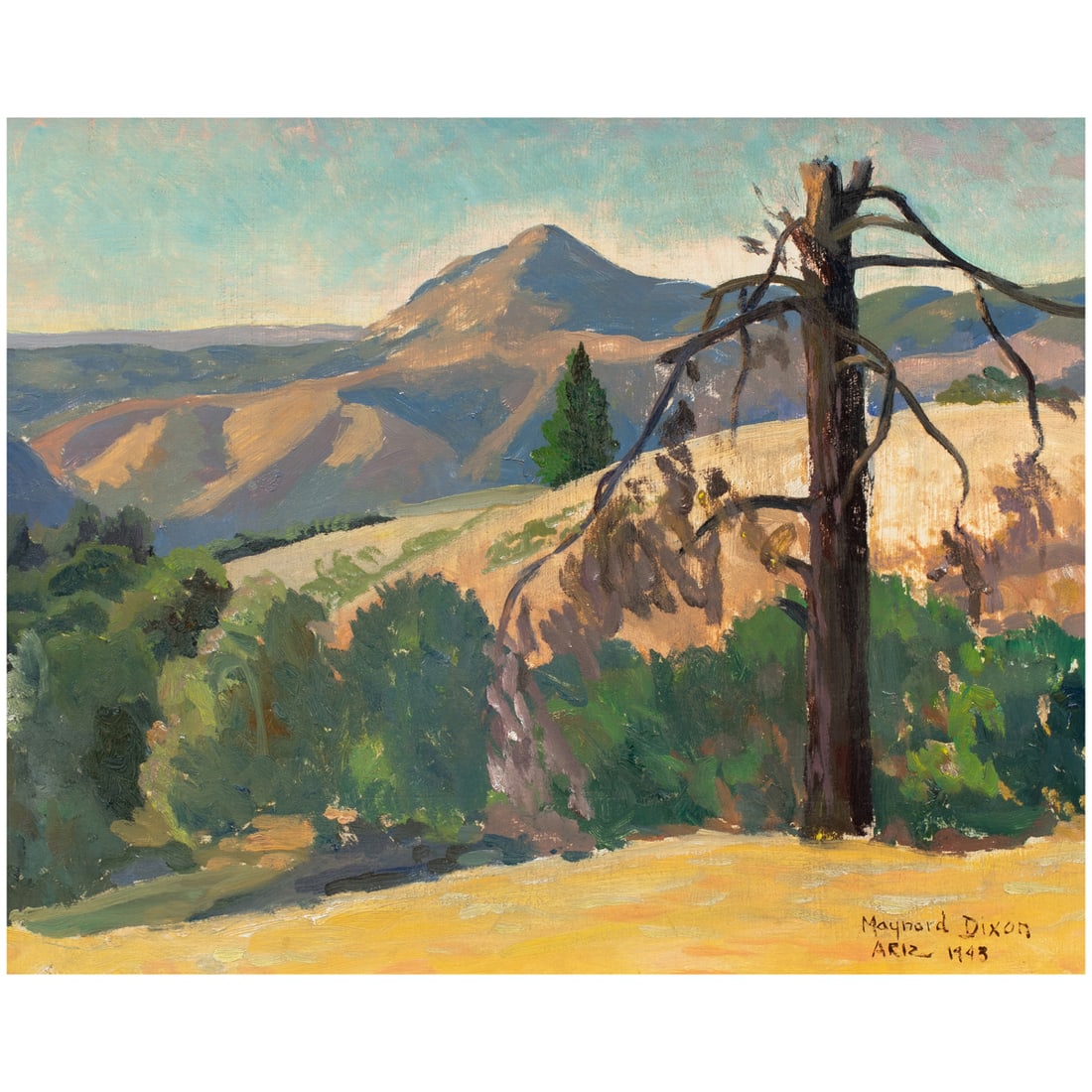 Painting, Maynard Dixon: Maynard Dixon (American, 1875-1946), "Arizona," 1943, oil on board, signed and dated lower right, board: 16"h x 20"w, overall (with frame): 20.25"h x 24.25"w