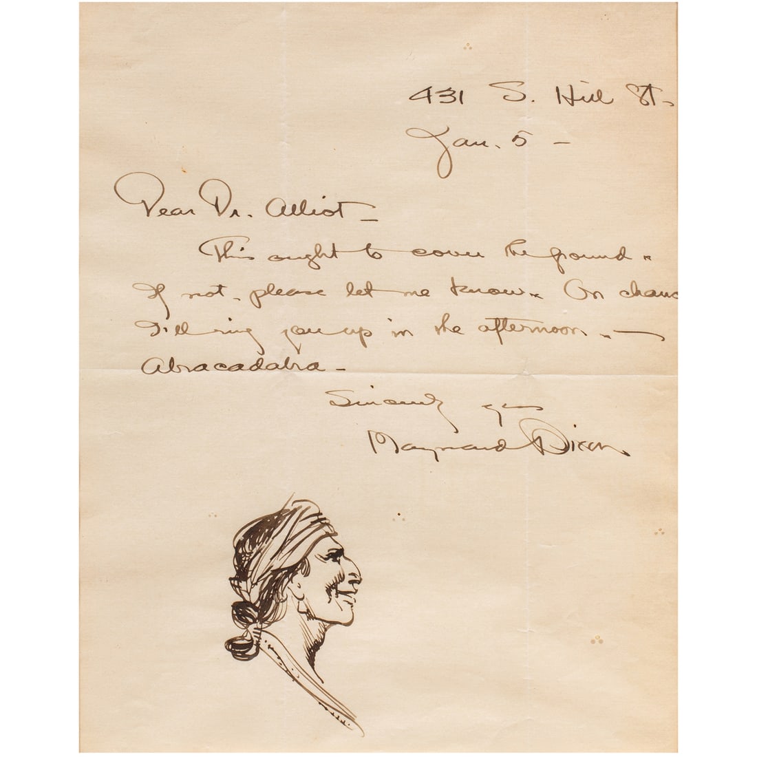 Work on paper, Maynard Dixon: Maynard Dixon (American, 1875-1946), Letter with Sketch, ink on paper, signed center right, sight: 10"h x 7.75"w, overall (with frame): 14"h x 11.75"w