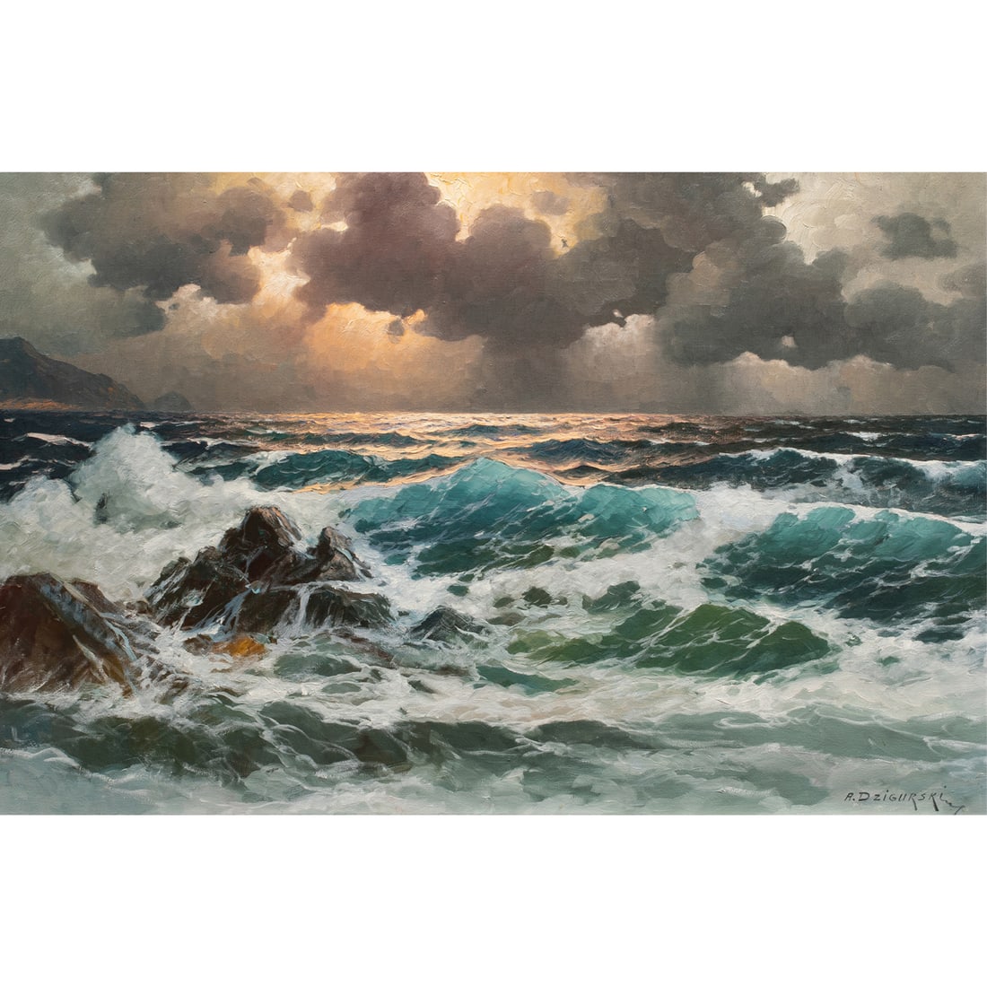 Painting, Alexander Dzigurski: Alexander Dzigurski (American, 1911-1995), Seascape, oil on canvas, signed lower right, sight: 23"h x 35"w, overall (with frame): 31.5"h x 43.75"w