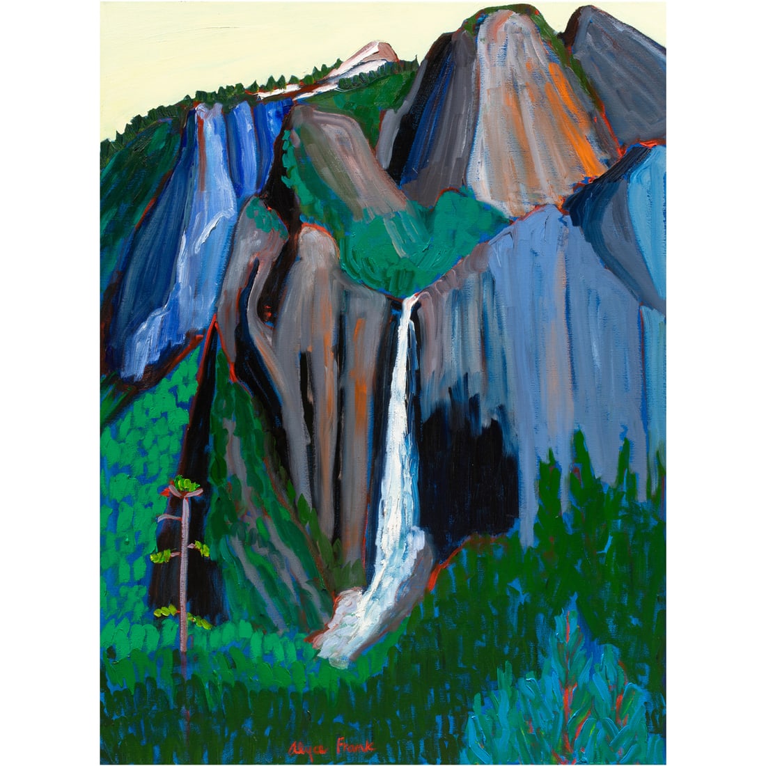 Painting, Alyce Frank: Alyce Frank (American, 1932-2024), "Bridalveil Falls, Yosemite #9," oil on linen, signed lower center, signed and titled verso, canvas: 40"h x 30"w, overall (with frame): 44"h x 34"w