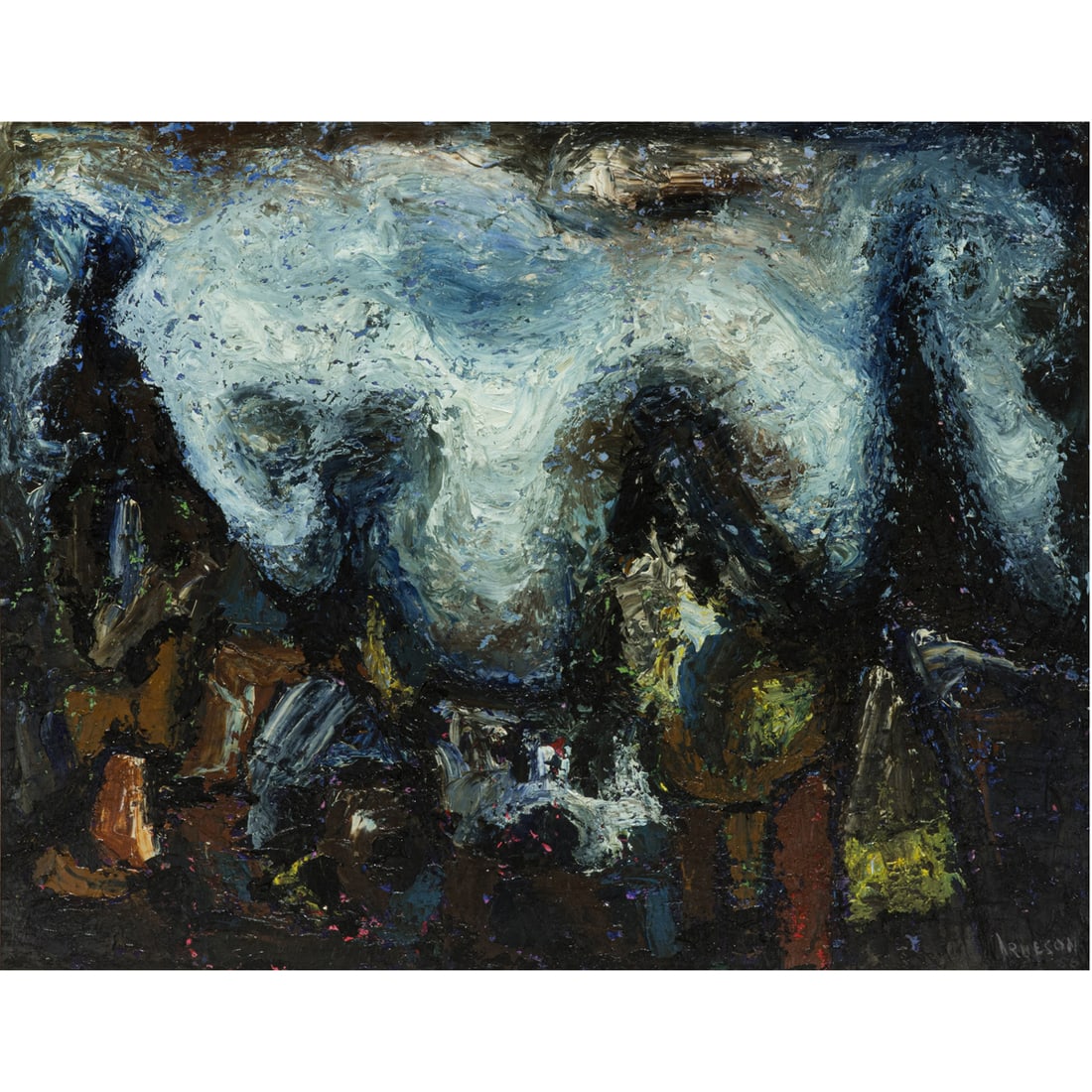 Painting, Robert Arneson: Robert Arneson (American, 1930-1992), "The Milky Way and Abraham," oil on masonite, signed lower right, titled verso, board: 24"h x 30"w, overall (with frame): 30.5"h x 36.5"w