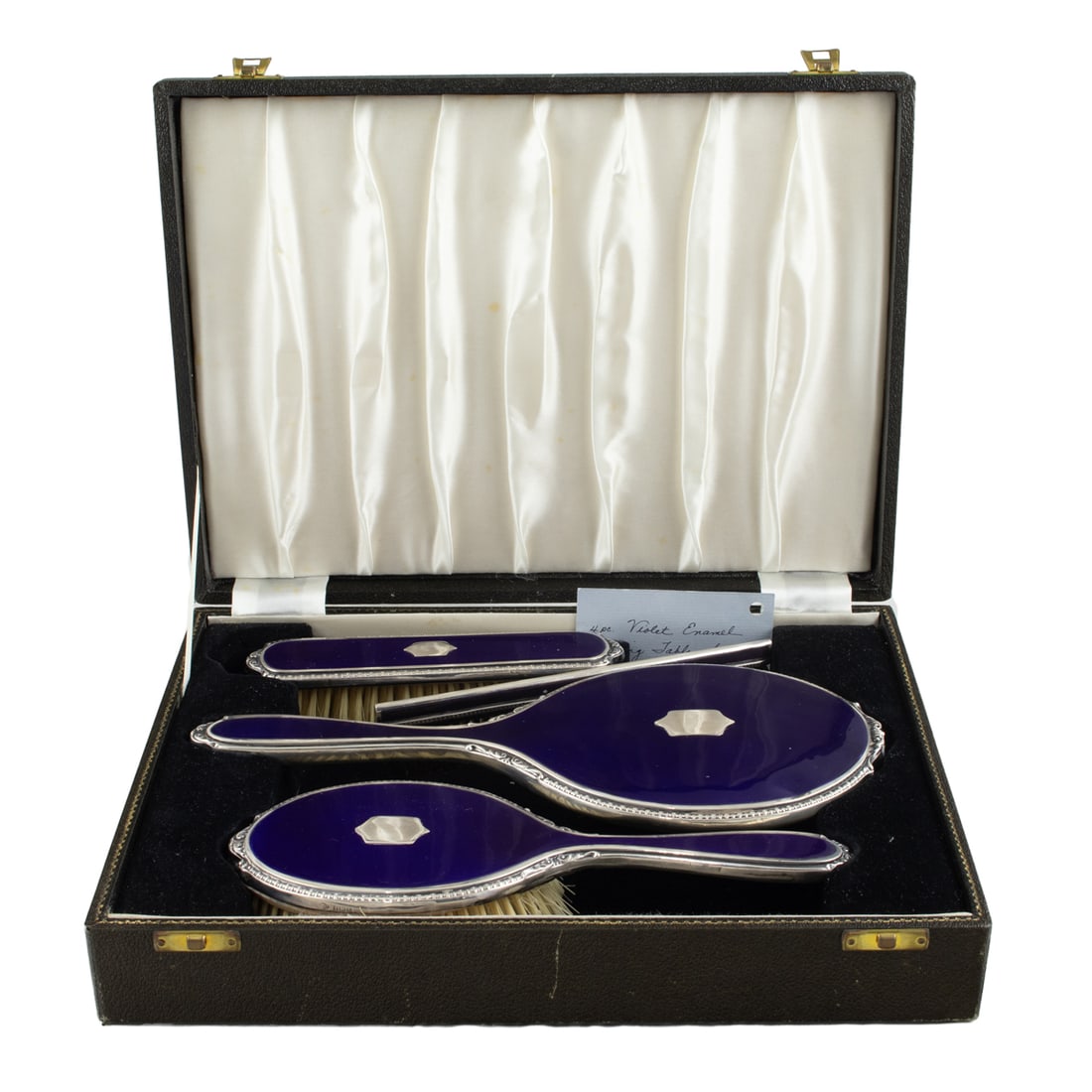 An English Birmingham A Bros. Ltd. sterling and violet guilloche enamel enameled four piece dressing (1 of 6)