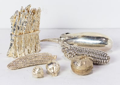 A group of six Italian and other silver vegetables, together with a chromed metal asparagus box