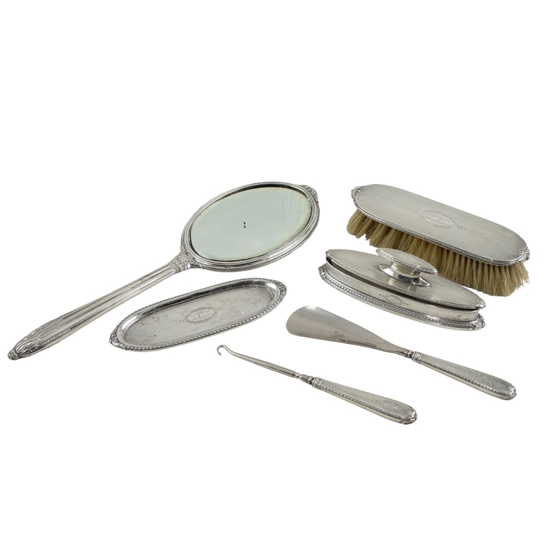 A six piece sterling dresser set, each piece monogrammed for Harriet Hume (Krusi) (1 of 6)