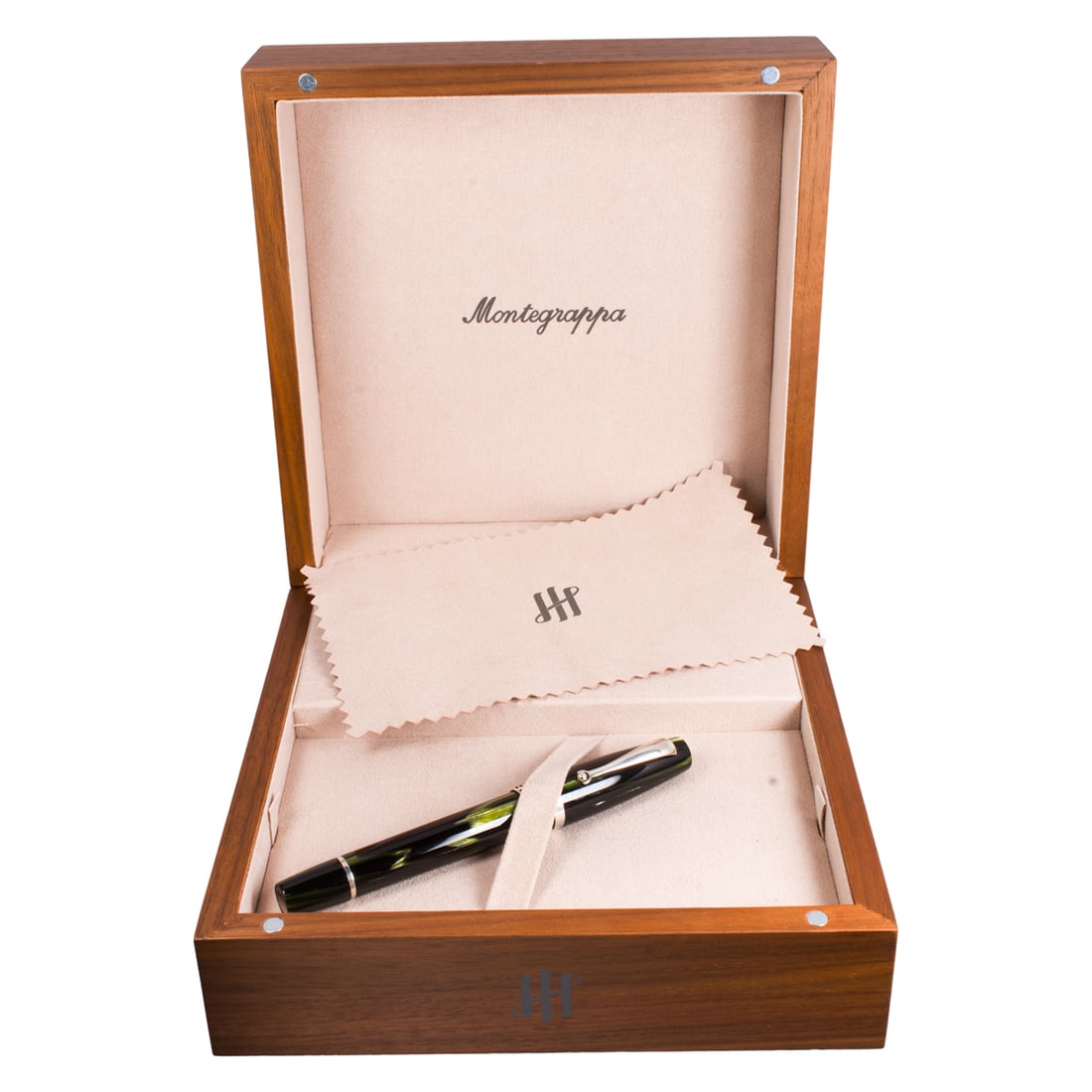 A Montegrappa 1930 extra 18k white gold, silver and green celluloid fountain pen (1 of 3)