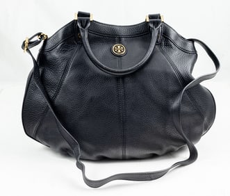 A Tory Burch black leather Dakota small top handle hobo tote bag and Tory Burch Amanda French black