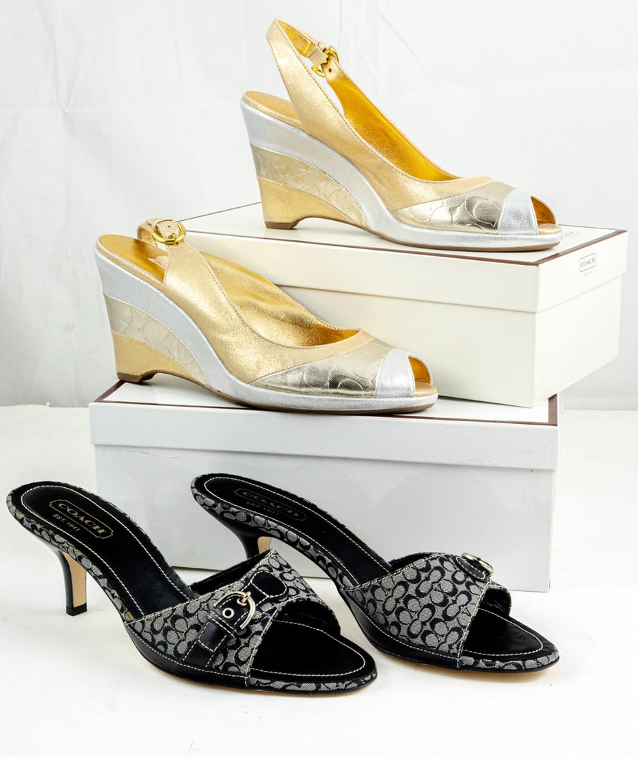 Two vintage pairs of Coach women's shoes: Two vintage pairs of Coach women's shoes, the first Ashleigh logo peep toe mules, US size 8, includes box; the second Abrianna Wave metallic wedge slingback shoes, US size 8, includes box