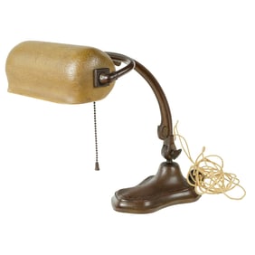 A Handel glass and patinated bronze desk lamp