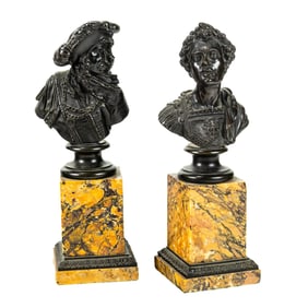 A pair of Continental patinated bronze busts on Siena marble plinths