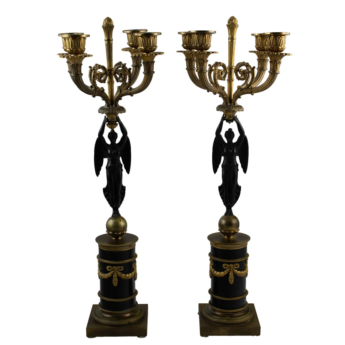 A pair of Empire style gilt and patinated bronze figural four-light candelabra (1 of 3)