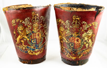 Two English leather fire buckets