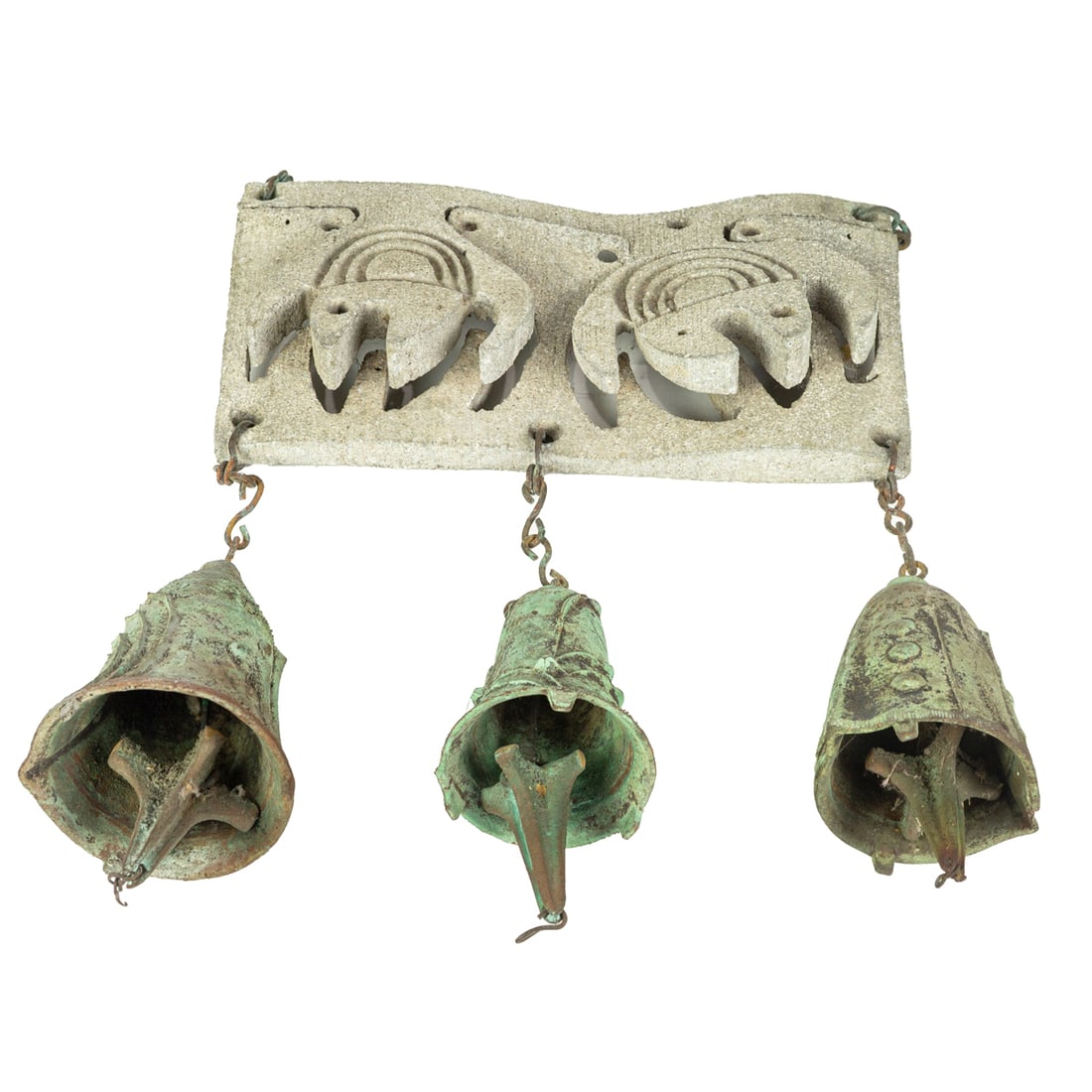 A Paolo Soleri (1919-2013) cast stone and bronze windbell wind chimes: Aerosant: A Paolo Soleri (1919-2013) cast stone and bronze windbell wind chimes: Aerosant, each bell with monogram, overall approximately 15" x 12"
