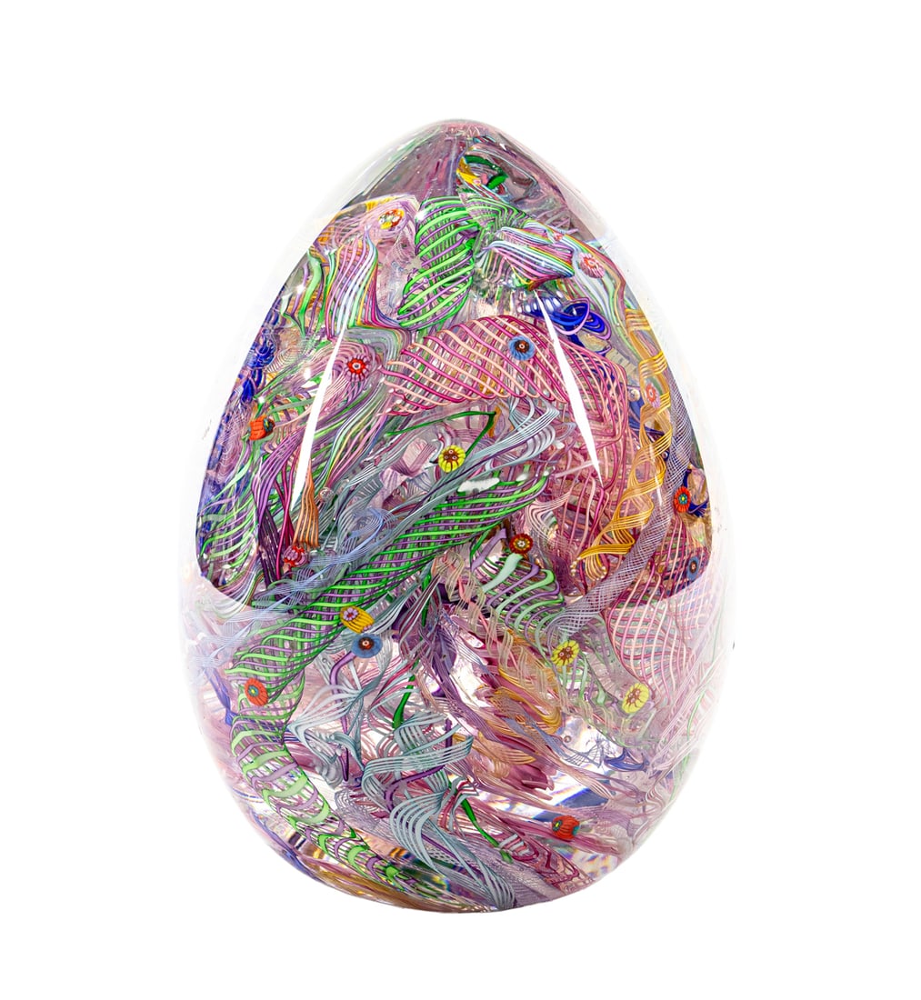 A Linda Allyn for Fire Ranch Glass: Window on Creation: A Linda Allyn for Fire Ranch Glass: Window on Creation, of egg form enclosing latticino and millefiore, signed and dated 'Linda Allyn 2002', 9"h