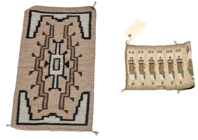 Two Navajo textiles including a Two Grey Hills rug 13" x 26"