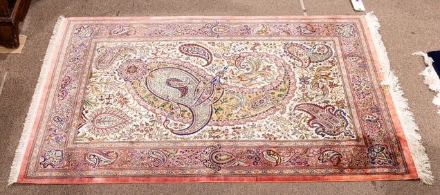 A signed Persian silk Qum, 3'4" x 5'