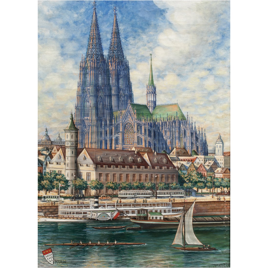 Painting, German School (20th century): German School (20th century), Cologne Cathedral on the Rhine, 1931, oil on canvas affixed to board, signed indistinctly and dated lower right, inscribed "K'OLN" lower left, sight: 23.5"h x 17"w, overa
