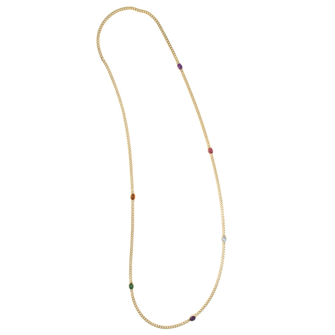 A multi-gem and 14k gold necklace: A multi-gem and 14k gold necklaceDesigned with six oval-shaped gemstone cabochons measuring approximately 6.56 x 5.05 x 3.18 mm, including tourmaline, moonstone, amethyst, and citrine; length: 30 1/2