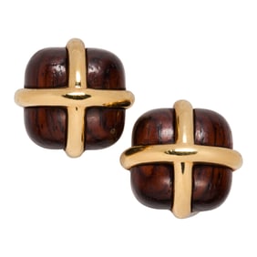 A pair of Seaman Schepps rosewood and 18k gold ear-clips