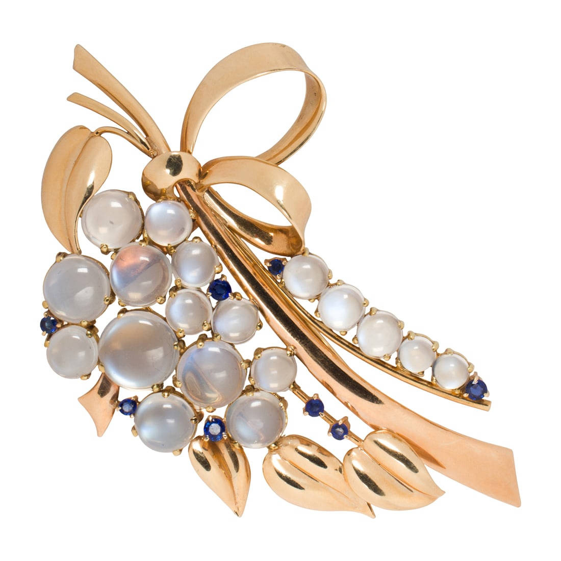 A moonstone, sapphire and 14k gold brooch: A moonstone, sapphire and 14k gold broochof botanical sprig design, featuring round cabochon moonstones ranging in diameter from 5.72 to 13.28 mm, further accented by circular-cut sapphires; marked IZ