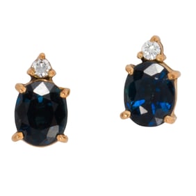 A pair of sapphire, diamond, and 14k gold earrings