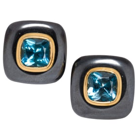 A pair of topaz, hematite, and 18k gold ear-clips