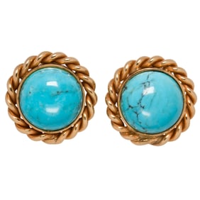 A pair of turquoise and 14k gold ear-clips