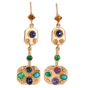 A pair of multi-gem and 14k gold earrings