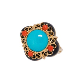 A turquoise, coral, onyx, and 14k gold pendant and ring set