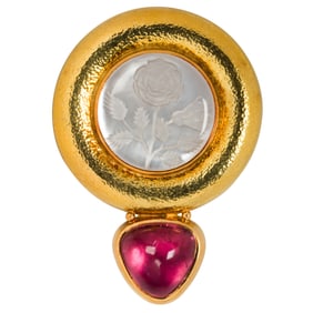 An Elizabeth Gage mother-of-pearl, pink tourmaline, glass and 18k gold brooch