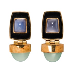 A pair of chalcedony, enamel, and 14k gold earrings
