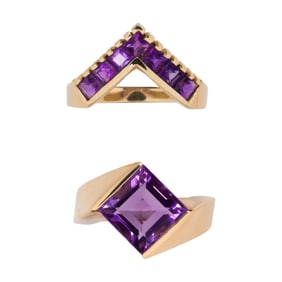 Two amethyst and 14k gold rings