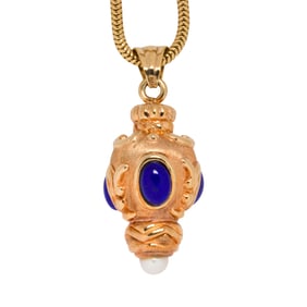A lapis lazuli, cultured pearl, and 14k gold pendant necklace
