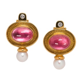A pair of Elizabeth Gage pink tourmaline, cultured pearl, diamond and 18k gold earrings