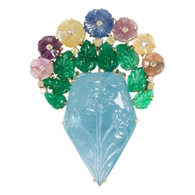 A Mughal aquamarine, emerald, sapphire, silver, and 14k gold brooch