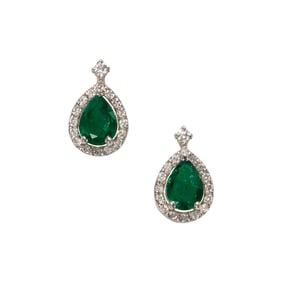 A pair of emerald, diamond, and 18k white gold earrings