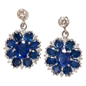 A pair of sapphire, diamond, platinum, and 14k white gold earrings