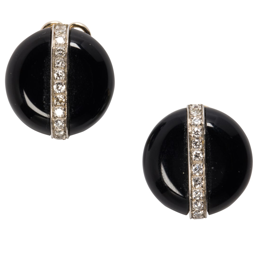 A pair of diamond, onyx, and platinum ear-clips: A pair of diamond, onyx, and platinum ear-clipsDesigned with a row of 12 round-brilliant-cut diamonds, framed by an onyx cabochon; estimated total diamond weight: 0.50 carat; width: 1/2 in; 6.25 grams