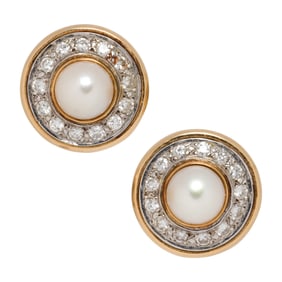 A pair of cultured pearl, diamond and 14k gold ear-clips