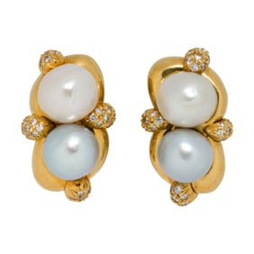A pair of Henry Dunay cultured pearl, diamond, and 18k gold ear-clips