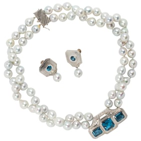 A Karina Mattei blue topaz, cultured pearl, diamond, 14k white gold, and platinum set, 1998
