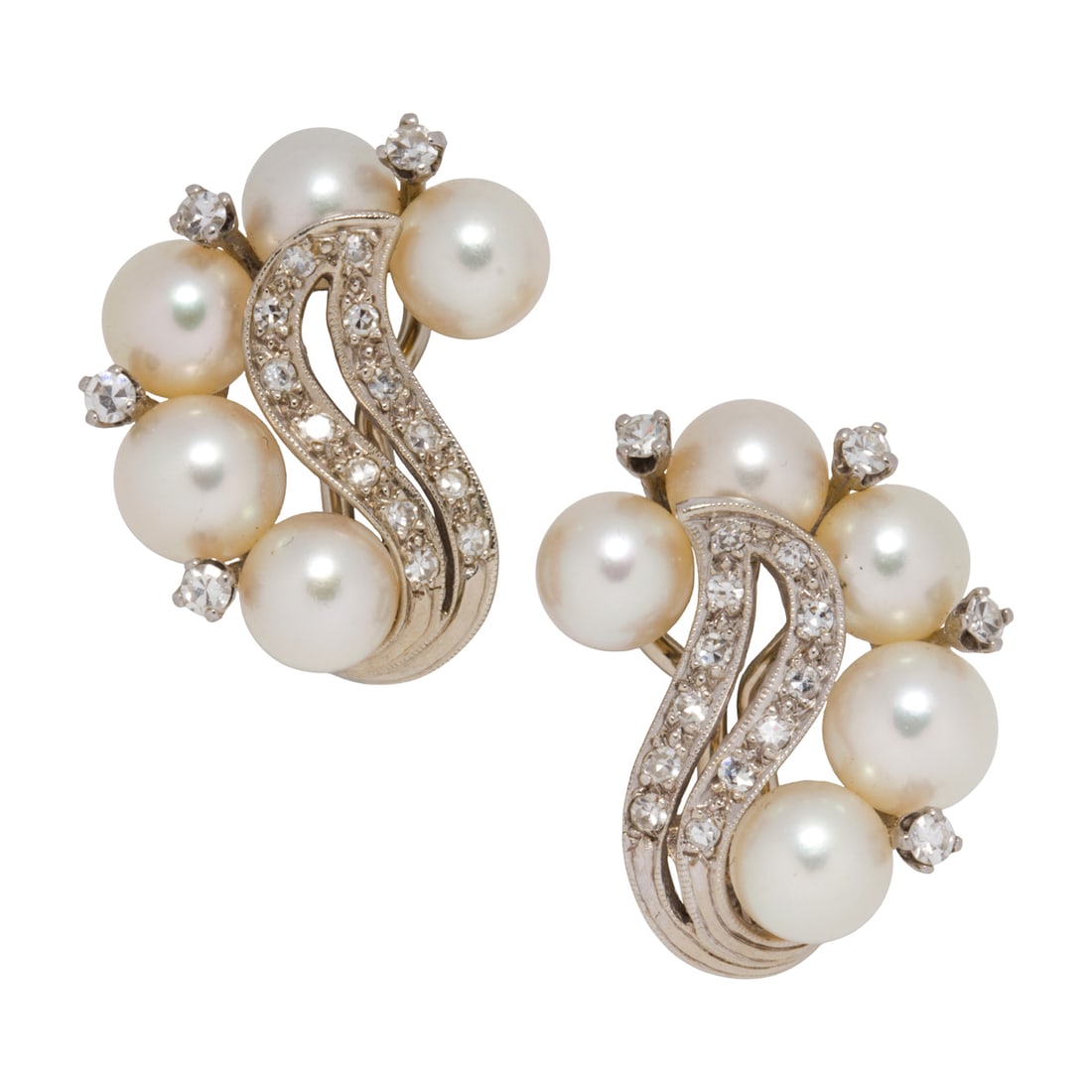 A pair of cultured pearl, diamond and 14k white gold ear-clips: A pair of cultured pearl, diamond and 14k white gold ear-clipsfeaturing ten cultured pearls measuring approximately 5.90 to 6.20 mm, accented by 32 single-cut diamonds; length: 7/8 in; 8.65 grams