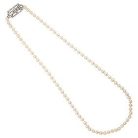 A cultured pearl, diamond and platinum convertible brooch necklace