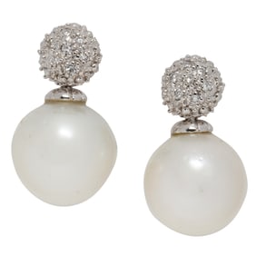 A pair of cultured pearl, diamond, and 14k white gold earrings