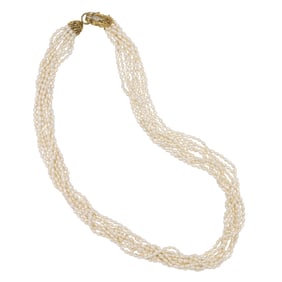 A freshwater cultured pearl, diamond, sapphire, ruby, and 14k gold torsade necklace