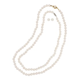 A cultured pearl and 14k white gold necklace and earring set