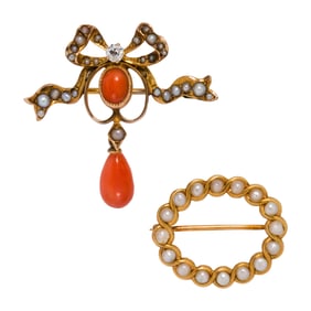 Two seed pearl, coral, diamond and 14k gold brooches