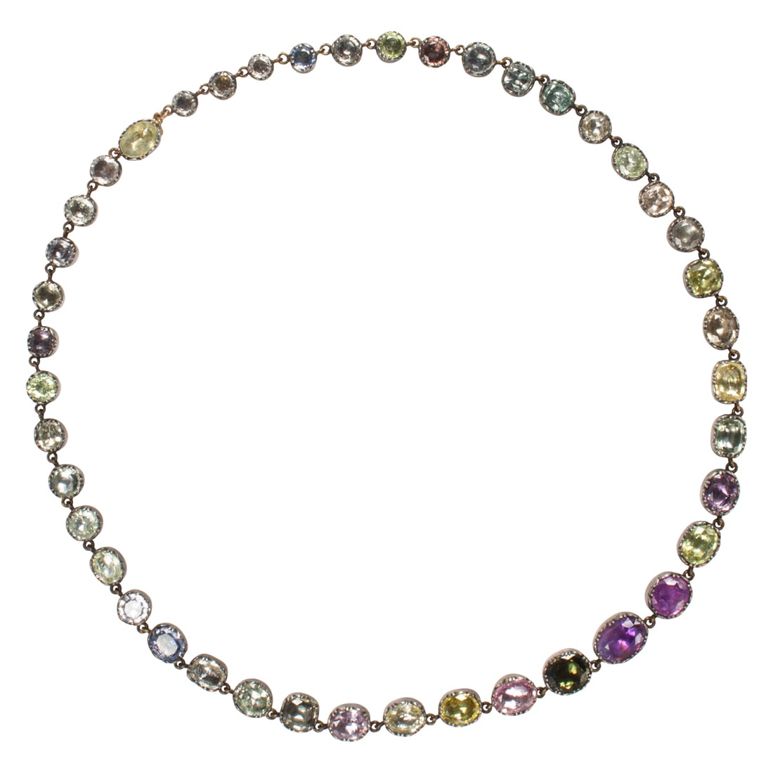 An antique sapphire and silver-topped gold necklace: An antique sapphire and silver-topped gold necklacedesigned with 43 oval, round and cushion-shaped multi-color sapphires, many foil-backed, set in cut down silver-topped 14k gold mounts, measuring fro