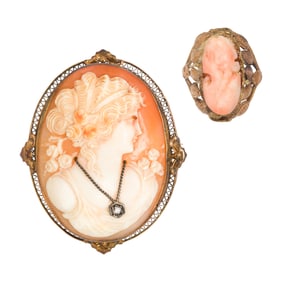 a 10k gold shell cameo brooch and 14k gold coral cameo ring