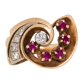 A Retro diamond, ruby, and 14k gold ring